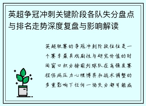 英超争冠冲刺关键阶段各队失分盘点与排名走势深度复盘与影响解读